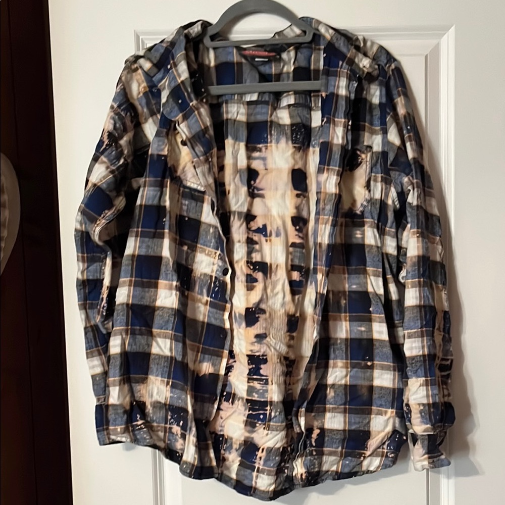 Mambo-Blue and White Hooded Plaid Flannel Shirt